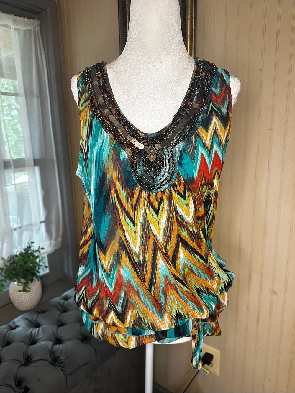 Adiva USA Women’s Large Beaded Sequin Sleeveless Blouse Top Boho Southwestern